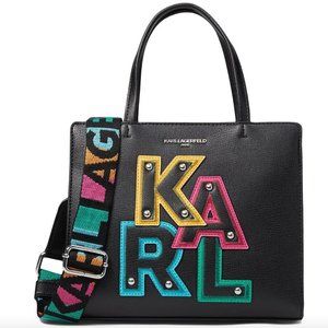 NWT KARL LAGERFELD MAYBELLE SATCHEL CROSSBODY BAG BLACK W MULTICOLOR STRAP $198